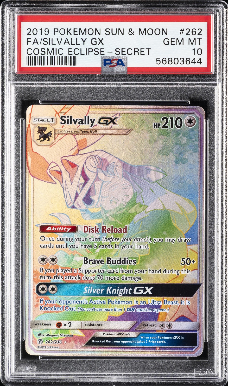 2019 POKEMON SUN & MOON COSMIC ECLIPSE SECRET #262 FULL ART/SILVALLY GX PSA 10