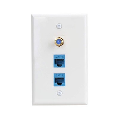 Wall Plate with 2 Port Cat6 Keystone Jack and 1 Port F Type Coax Connector