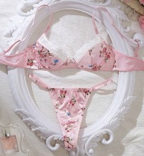 Pink Floral 2nd Skin Satin Lace Trim Sheer Back Bra  Thong Panties Set XL NEW