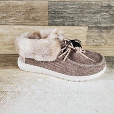 Hey Dude Britt Fur Lined Womens Loafers Shoe Sz 6 Brown Coffee Slip-on Round Toe