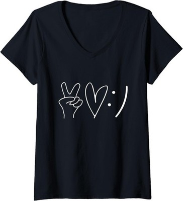 Peace Love Smile Happiness Hand Heart Face Ladies' V-Neck Tshirt