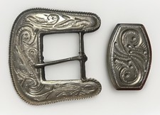Vintage Western Floral Belt Buckle Set Non Magnetic Silver Tone Buckle Keeper