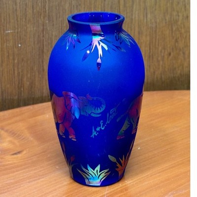 Signed A & E Court Cobalt Art Glass - Wildlife w/ Elephants