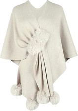 Women Faux Fur Pom Pashmina Wrap Large Scarf Open Front Cape Shawl Winter Beige