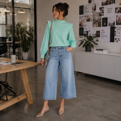 Everlane Mint Green Wing Shoulder Mock Neck Ruffle Long Sleeve Top Sz 8 NWT