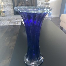 Murano Style Hand Blown Glass Cobalt Blue Clear Ruffled Rim Large Vase 3377B