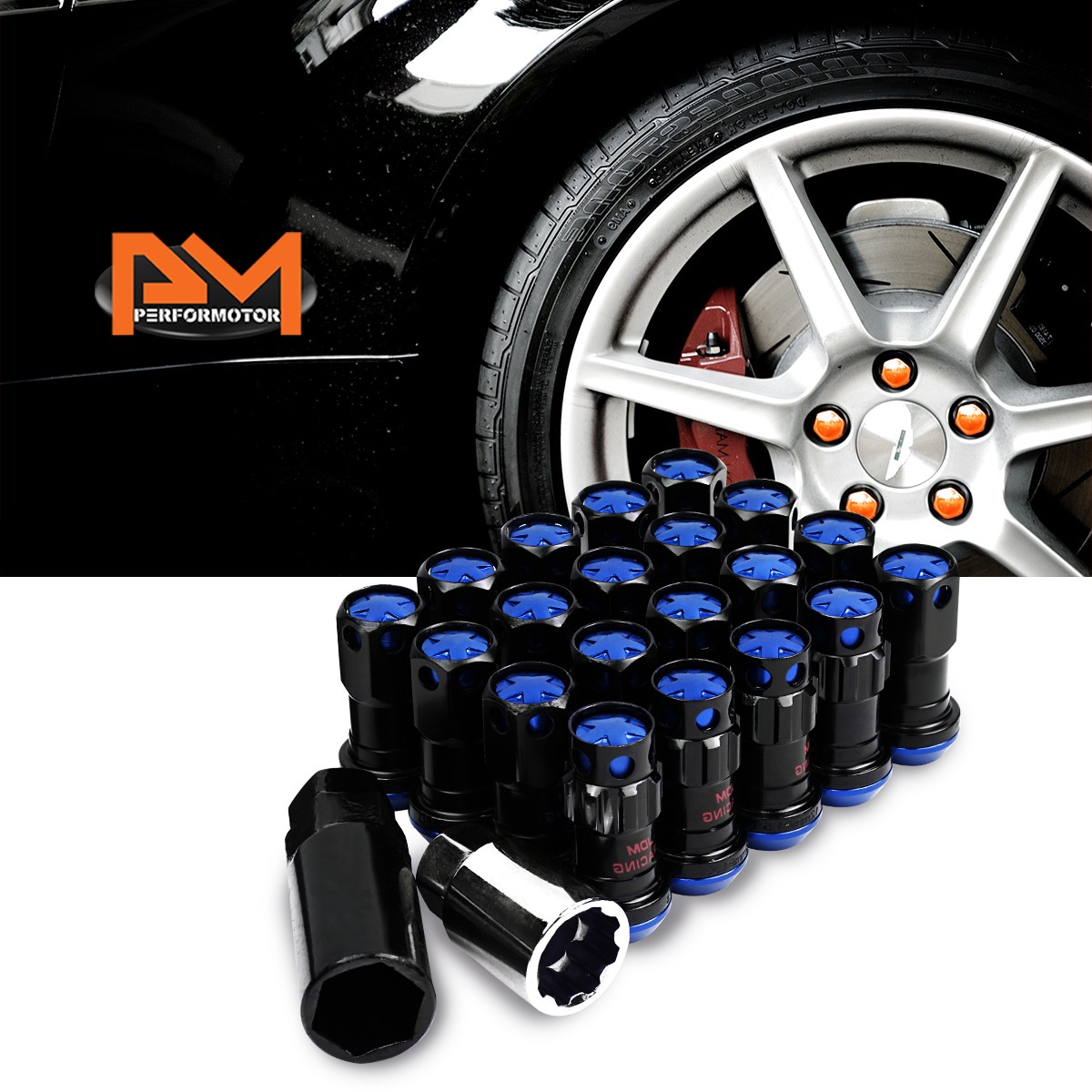 20pc M12x1.5 Blue JDM Closed End Lug Nuts + Spline Locks, Key & Extension – 22mm X 45mm