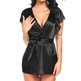 Women SexyShort Silk Robe with Lace Trim Babydoll Sleepwear Lingerie Mini Dress