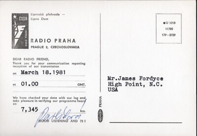 QSL OLR Radio Praha 7345 kcs Prague Czechoslovakia Shortwave DX