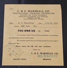 1930 C & E Marshall YOU OWE US Notice Remittance Request Milwaukee