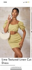 pretty little thing Lime Textured Linen Cut Out Puff Sleeve Shift Dress
