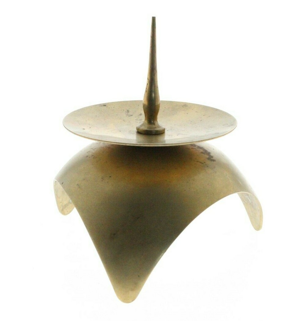 Pair Vintage 60s Atomic Solid Brass Candle Holders Tripod Mid Century Brutalist