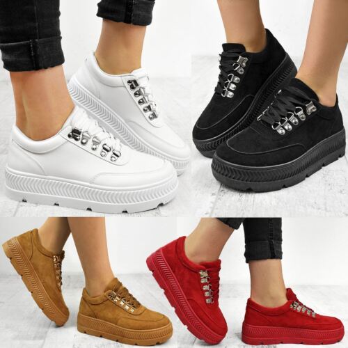 Black Flatform Wedge Trainers Womens Sports Work Shoes Sneakers Creepers Size - Picture 1 of 21