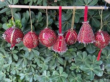 7 Vintage Sequin Beaded Red Gold Pearl Push Pin Hand Made Christmas Ornaments