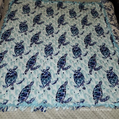 SEA TURTLES Ocean Life Undeerwater Handmade Tie Blanket Oversize Throw 55''X60'' 