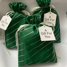 3 Luxury Gift Bags  15"x10" Organza Lined No Peek Draw String Green Holiday