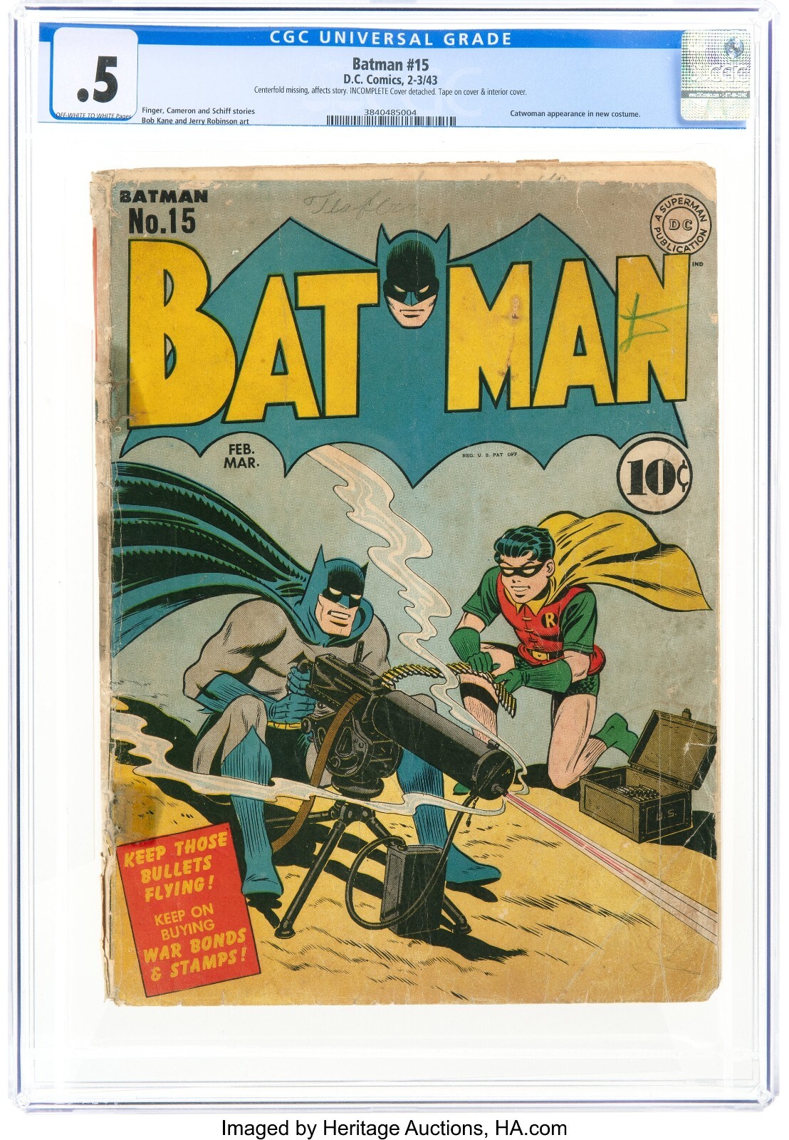 1943 D.C. Comics Batman 15 CGC .5. WW2 Machine Gun Cover