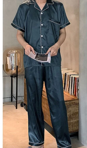 Men Pajamas Set Satin Top Pants Sleepwear Loungewear Indoor Home Casual Daily - Picture 5 of 11