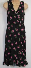 Oasis  Sleeveless Black Floral Print  Wrap Ruffle Midi Dress, Size XS - M