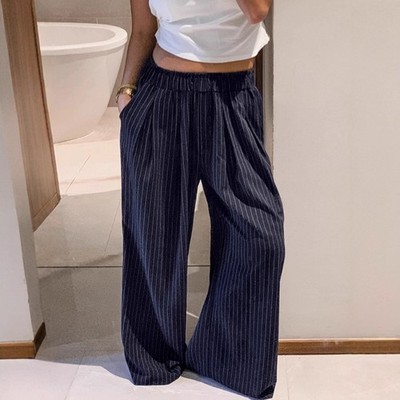 Fashionable Color Block Striped Wide Leg Pants Loose Casual Designer Trousers