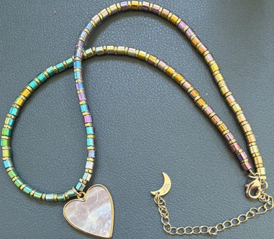 Luna Norte Handcrafted Beaded Necklace Mother of Pearl Heart Pendant Multicolor