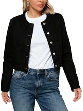 Women's Denim Jacket Collarless Long Sleeve Button Down Casual Cropped Jean S...