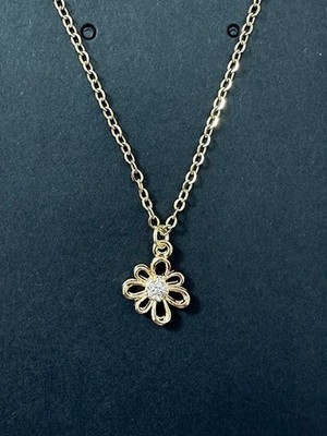 Golden Flower Daisy Charm Pendant 18'' SS Cable Chain Necklace Micro Pave CZ RTS
