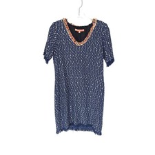 Vilagallo Dress Blue Tweed Twee Vacation Resort Fringe Short Sleeve Women's XS