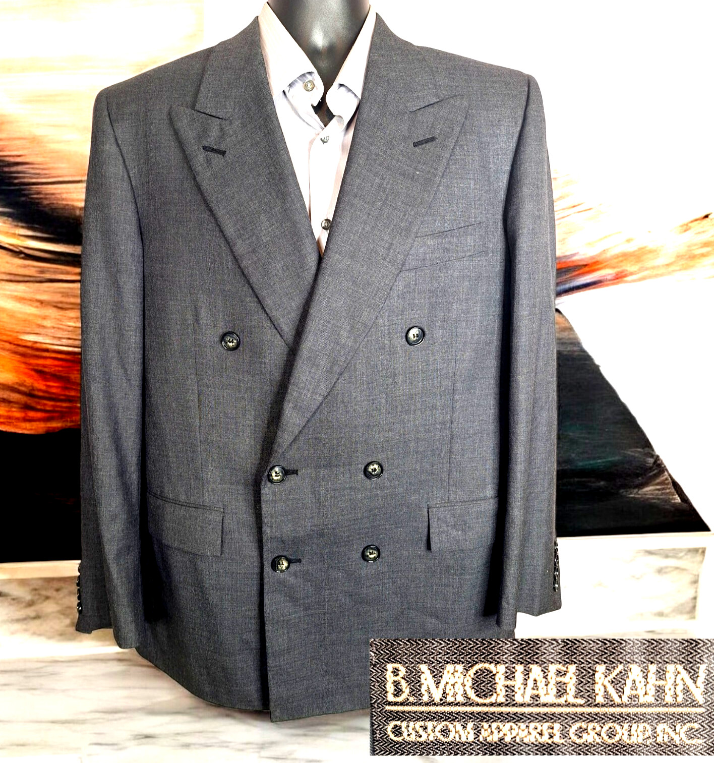 B. Michael Kahn Jacket Blazer Mens 44R Double Breasted Solid Gray Single Vented