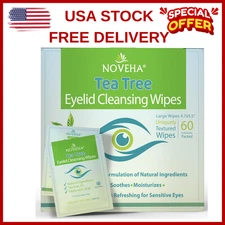 60Pcs Tea Tree Oil Eyelid & Lash Wipes | with Hyaluronic Acid, Green Tea & Chamo