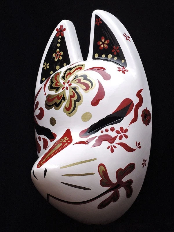 Japanese Ancient Kitsune Fox Mask -Shuka- Hand Painted Komendo Crimson Gold - Image 2 of 4