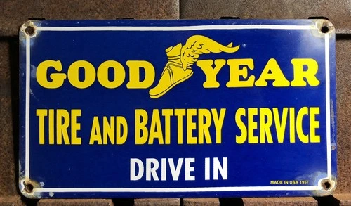 VINTAGE 1957 DATED GOOD YEAR TIRE BATTERY 12” PORCELAIN DRIVE IN GAS OIL SIGN