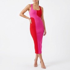 Naked Wardrobe Pink Red Colorblock Ribbed Midi Bodycon Dress Small