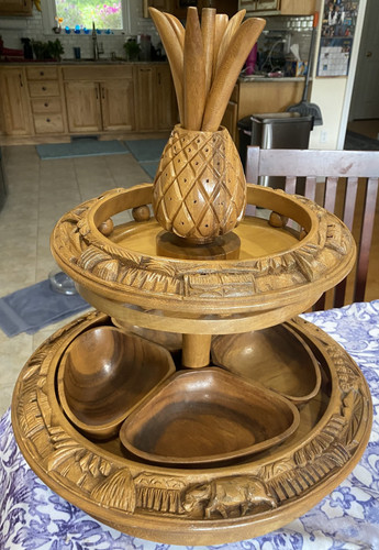 2 Tierd Vintage MCM Monkey Pod Hand Carved Pineapple Serving Tower W/extras