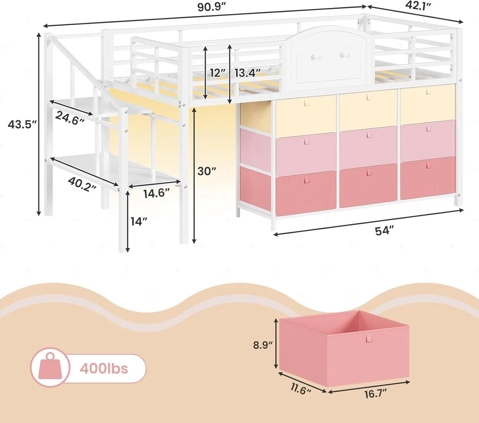 Cama tipo loft baja LED tamaño doble con 9 cajones de almacenamiento y escondite debajo de la cama para niños Foto 2 de 4