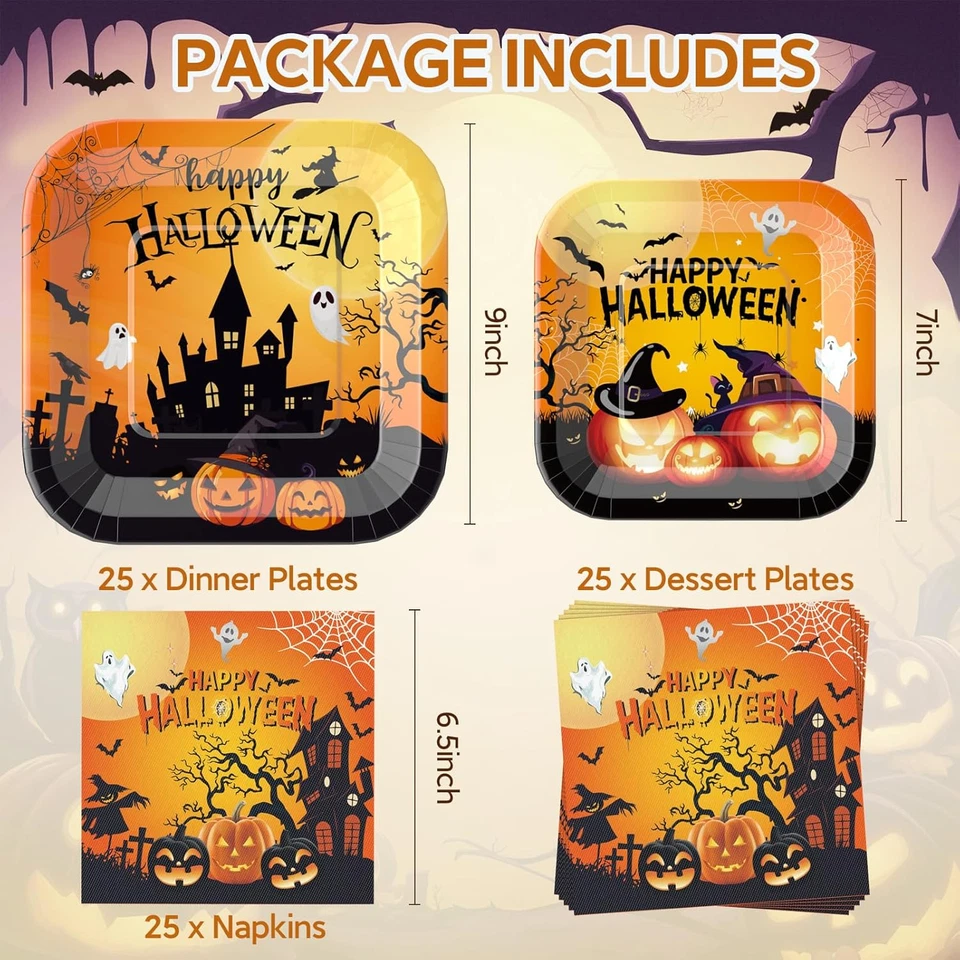 Platos y servilletas de papel de Halloween, servicio 25 platos cuadrados de Halloween y servilletas Foto 3 de 4