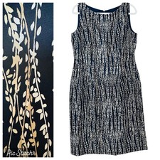 Talbots 12 Navy Silk Sheath Dress & Long Scarf Tan Ivory Foliage Vines Print
