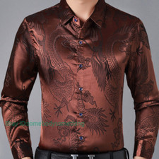 Mens Faux Silk Satin Shirt Business Formal Long Sleeve Blouse Casual Top Chinese