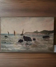 Oil On Canvas Anonymous "Menton Garavan" Marine With Sailboats To Restore