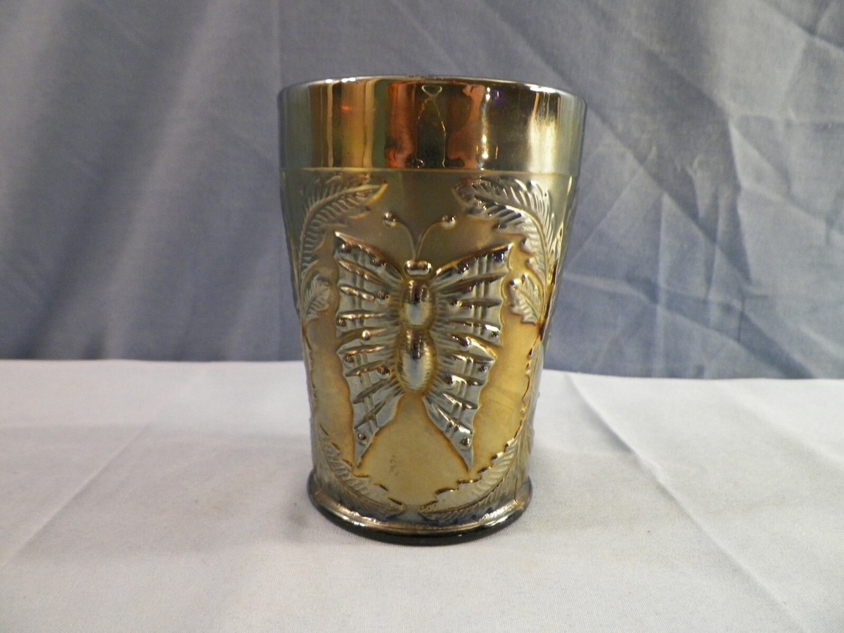 Vintage Fenton Blue Carnival Glass Butterfly & Fern Pattern