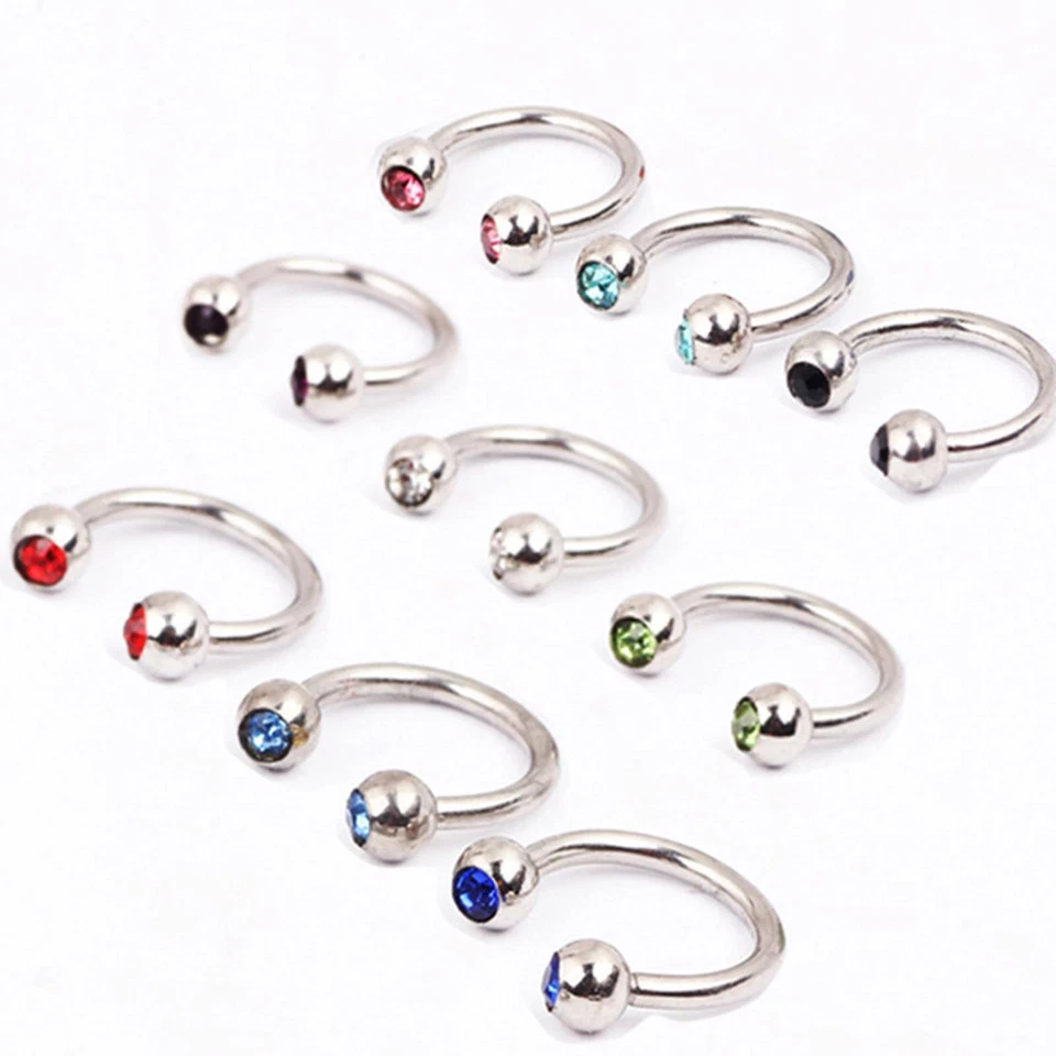 10PCS Surgical Steel Nose Ring Hoop 16G CZ Horseshoe Tragus Helix Earrings Rings - Image 2 of 4