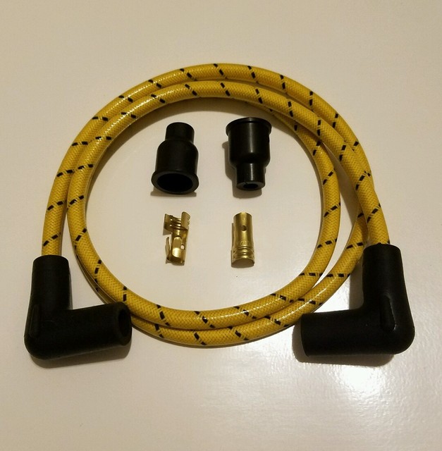 28" 8MM OLD SCHOOL VINTAGE BRAIDED CLOTH Yellow BLACK SPARK PLUG WIRE