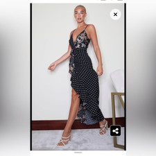 PrettyLittleThing Black Mixed Print Ruffle Detail Maxi Dress