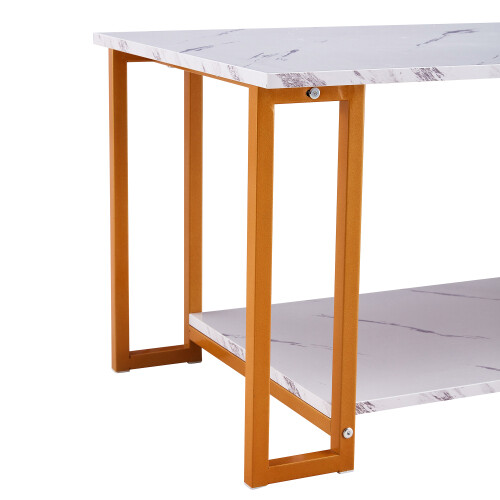 Mesa de centro moderna de mármol sintético para sala de estar mesa de acento de 2 niveles marco de metal - Imagen 6 de 23