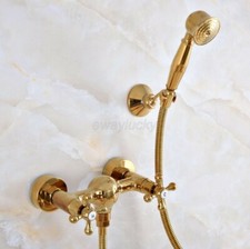 Gold Brass Wall Mount Bathroom Shower Faucet Hand Held Shower Mixer Tap Spray