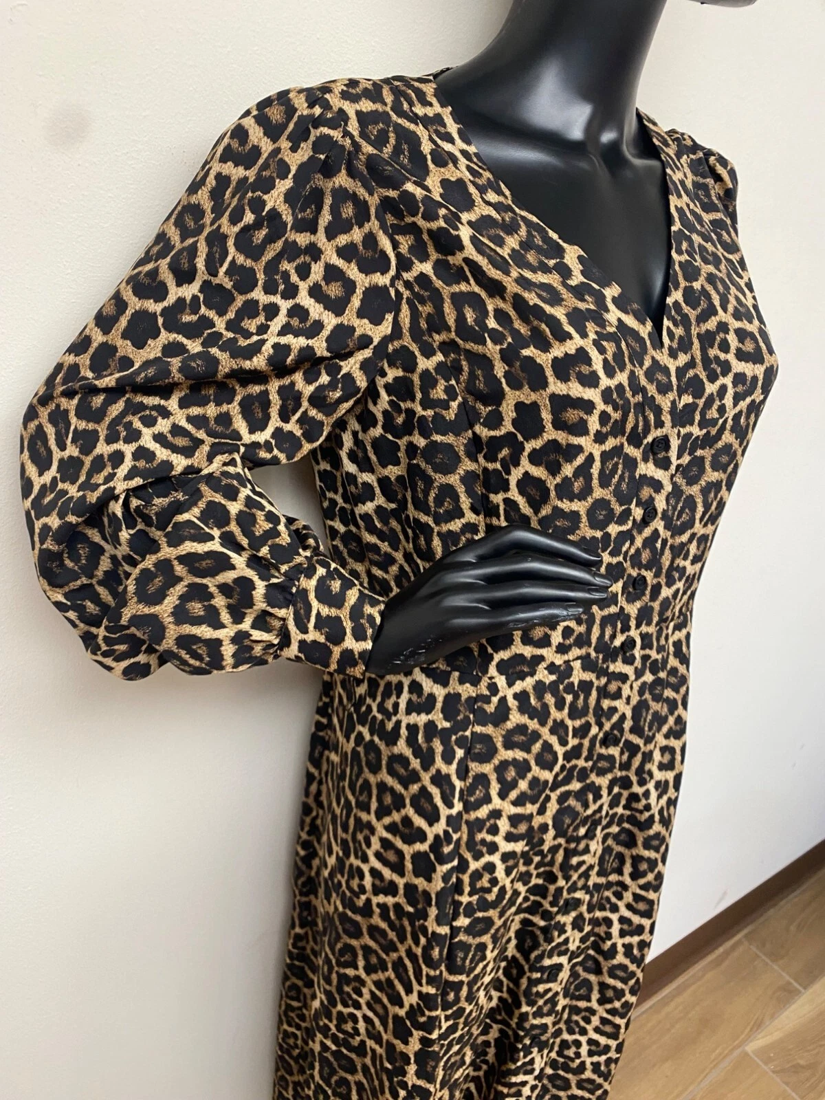 Abito midi Michael Kors donna Kate stampa animalier scollo V bottoni cintura nuovo con etichette