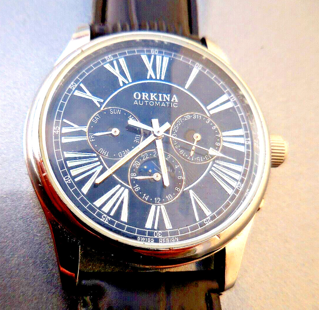 Montre Homme Automatique ORKINA Cadran Phase de Lune et Calendrier Complet en Acier TBE