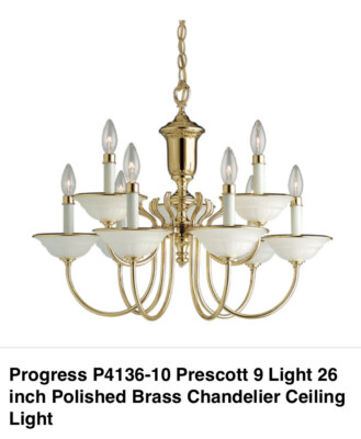New Progress Light Polished Brass 9 Lamp Chandelier Prescott Collection NEWINBOX
