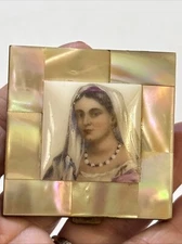 Powder Compact Lady  w/ Mother of Pearl 2” Vintage Hand Painted