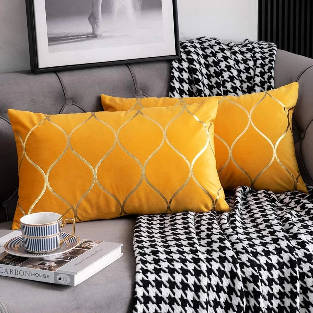 DEZENE 12x20 Inch Gold Velvet Throw Pillow Covers 2 Pack